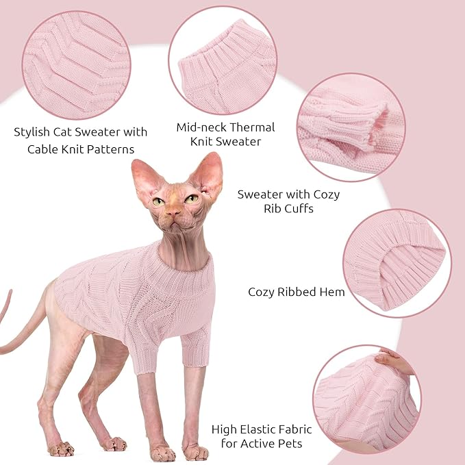 ASENKU Cat Sweater Soft Warm Puppy Clothes Knitwear for Kittens & Small Dogs, Thick Knitted Sweater for Sphynx Hairless Cats Teacup Chihuahua and Extra Small Dogs (Pink, S)