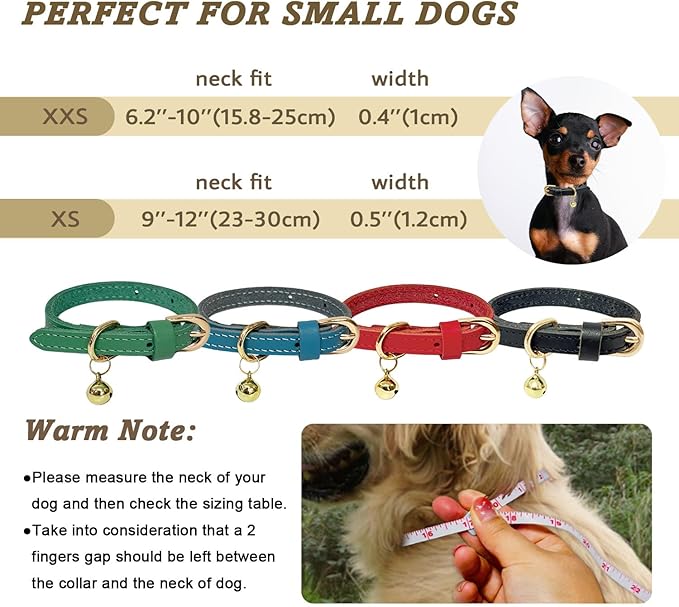 Guiding Star Leather Collar for Puppy, Cute Soft Thin Dogs Collars for Small Medium Dogs, Cat Collar with Bell (Blue, XXS, 6.2"-10")