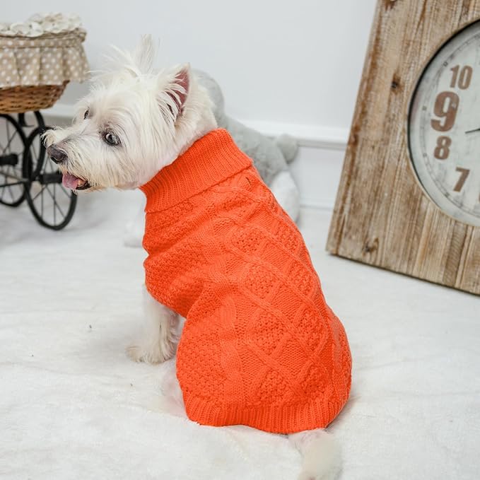 Mihachi Turtleneck Dog Sweater - Winter Coat Apparel Classic Cable Knit Clothes with Leash Hole for Cold Weather, Ideal Gift for Pet in New Year Orange Small/Medium