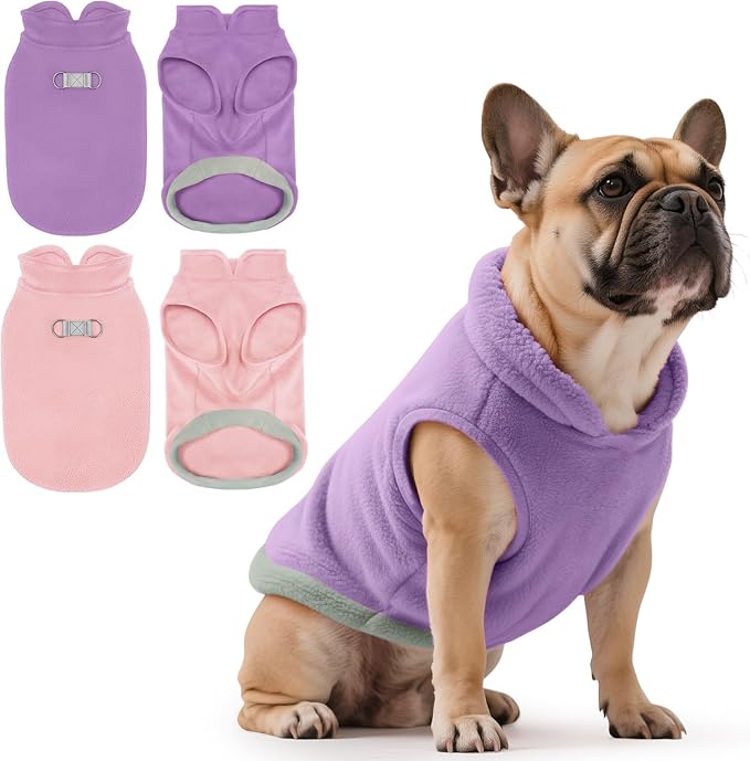 Idepet 2 Pack Dog Fleece Vest Sweater Warm Pullover Jacket with D-Ring Leash Reflective Winter Coat Hoodie for French Bulldog Pug Chihuahuas Yorkies Dachshunds(Purple&Pink,XX-Large-French Bulldog)