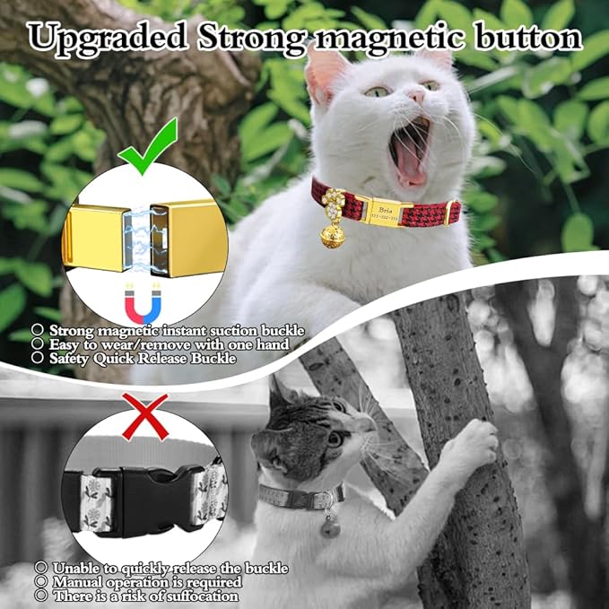 Personalized Breakaway Cat Collars - Magnetic Buckle, Bell - Safety Quick Release, Customized for Girls & Boys Cats- (Houndstooth-Red)