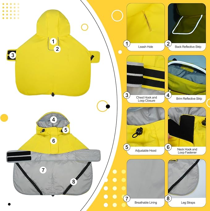 DENTRUN Waterproof Dog Rain Jacket with Hood for Golden Retriever, Husky – Extra-Long Coverage for Heavy Rain, Beach Trips, Dog Parks – Magic Tape & Mesh Lining, XXL