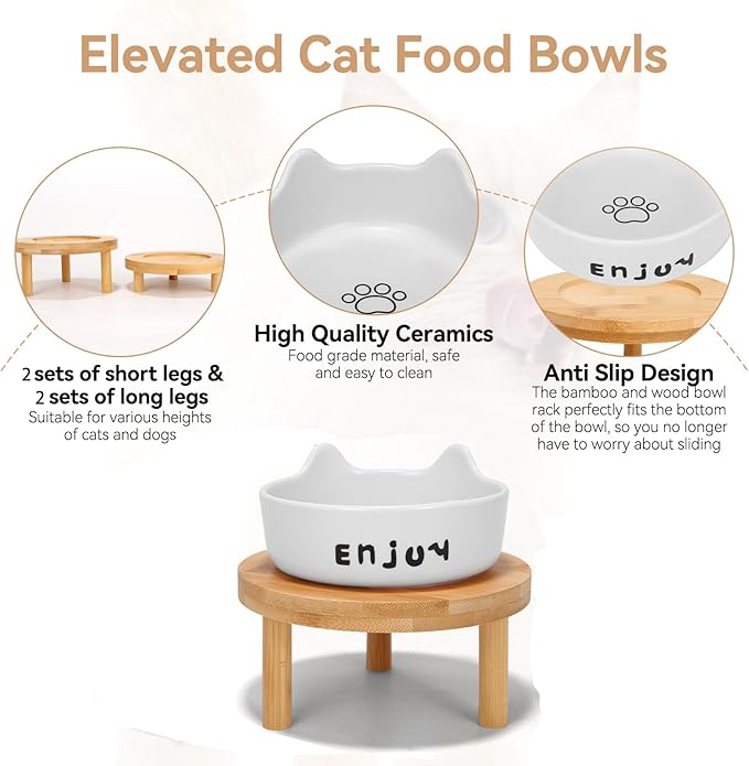 3PCS Elevated Cat Bowls,Wide Raised Ceramic Pet Dishes with Bamboo Stand, Whisker Friendly Pet Water or Food Plates Feeding Station for Indoor Small Dogs, Kitten (White(2PCS))