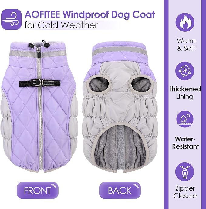 AOFITEE Dog Coat, Warm Dog Winter Coat for Large Dogs, Reflective Turtleneck Dogs Jacket with Harness Built in, Waterproof Windproof Pet Puffer Jacket Fleece Vest for Cold Weather, Lilac XXXL