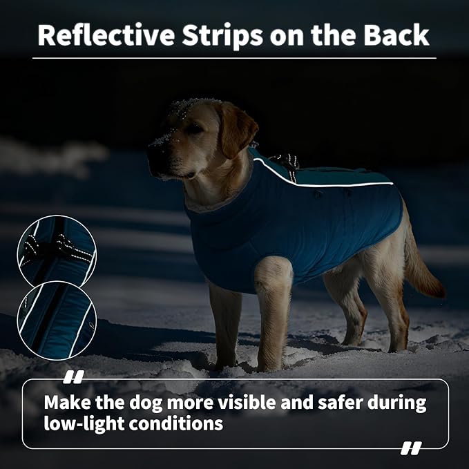 IDOMIK Warm Dog Coat with Harness, Waterproof Reflective Dog Jackets for Small Medium Large Dogs, Fleece High Collar Winter Jacket with Zipper, Pet Winter Snowsuit Clothes for Cold Weather,Blue 2XL