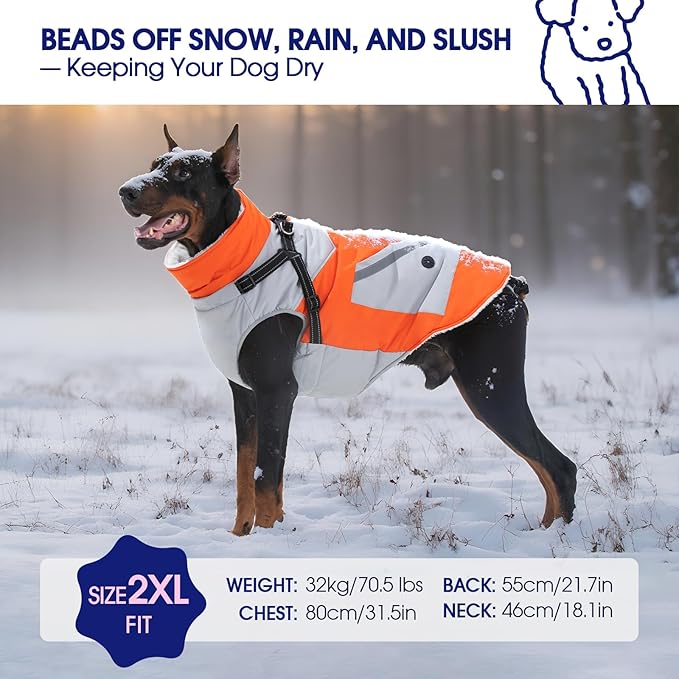FUAMEY Dog Winter Jackets for Large Dogs,Dog Coat with Harness Built in,Waterproof Dogs Snowsuits Warm Pet Jacket Zip Up Fleece Cold Weather Coats Reflective Puppy Vest with Pocket Orange L