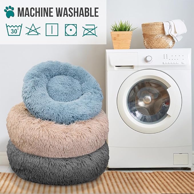 PetAmi Calming Dog Bed for Small Medium Dog Cat, Round Donut Washable, Fluffy Faux Fur Plush Cuddler Pet Kitten Cushion, Anti-Slip, Fits up to 45 lbs, 30 inch, Dusty Blue