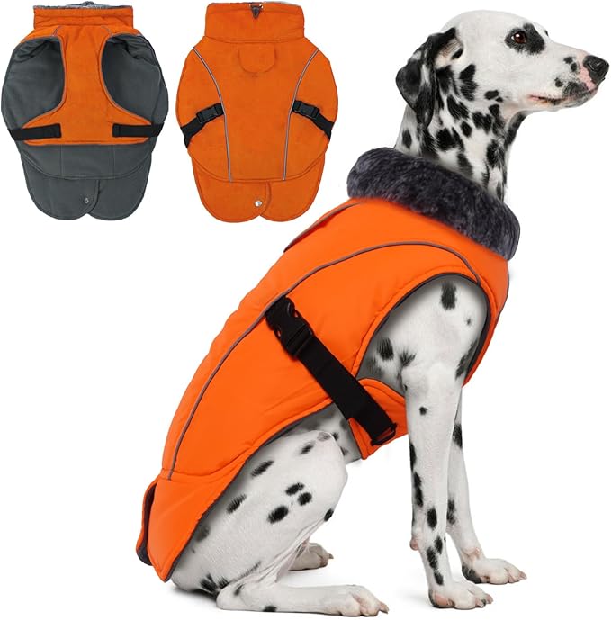 DENTRUN Large Dog Winter Coat - Windproof Reflective Warm Coat, Adjustable Neck & Snap Closure, Water Repellent Thick Fleece Vest, Fleece Lined for for Golden Retriever, Orange, XL