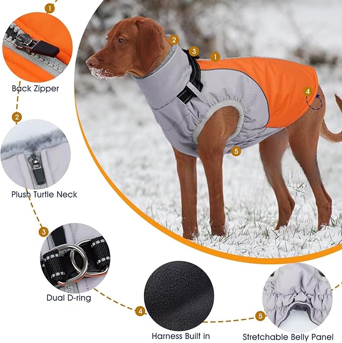 Dog Coat,Water-Repellent Dog Winter Jacket with Adjustable Buckle,Reflective Turtleneck Pet Snow Vest Dogs,Warm FleeceDog Winter Coat Cold Weather Jacket with Harness Built-in,Orange,M