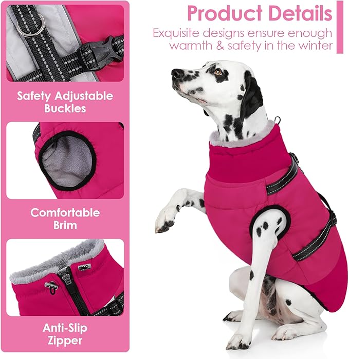 AOFITEE Dog Coat for Small Dogs, Warm Dog Winter Jacket with Harness Built in, Waterproof Small Winter Coat Dogs Reflective Cold Weather Coats for Chihuahua, Yorkshire, Hot Pink XS