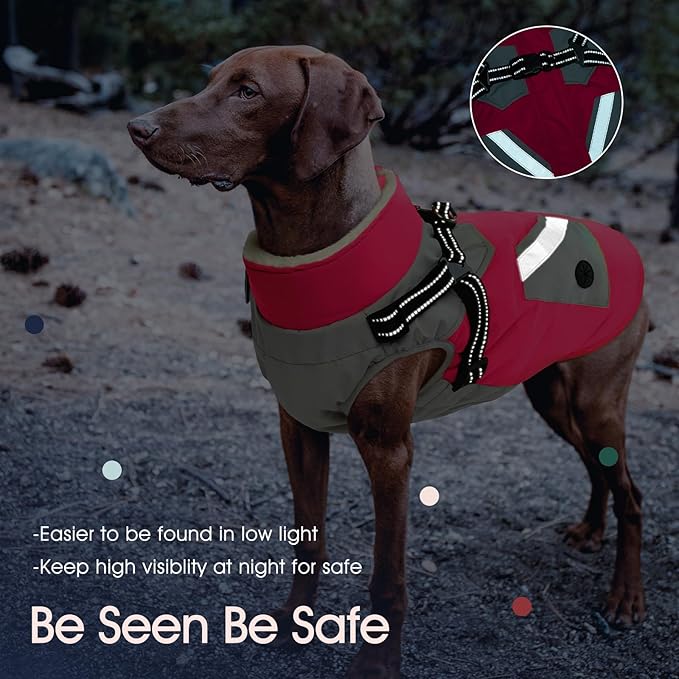 IECOii Dog Winter Coat with Harness Built in, Waterproof Windproof Dog Coats for Large Dogs, Thermal Fleece Lined Cold Weather Jackets with Zip, Outdoor Warm Snow Jacket Reflective, Rosered, XLarge