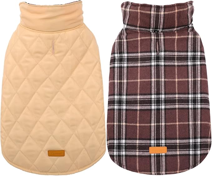Kuoser Waterproof Dog Coat, Reversible Dog Jacket for Small Dogs, Adjustable Durable Doggie Winter Coat Warm Cozy Puppy Cold Weather Apparel from Small to Large Breed, Brown S