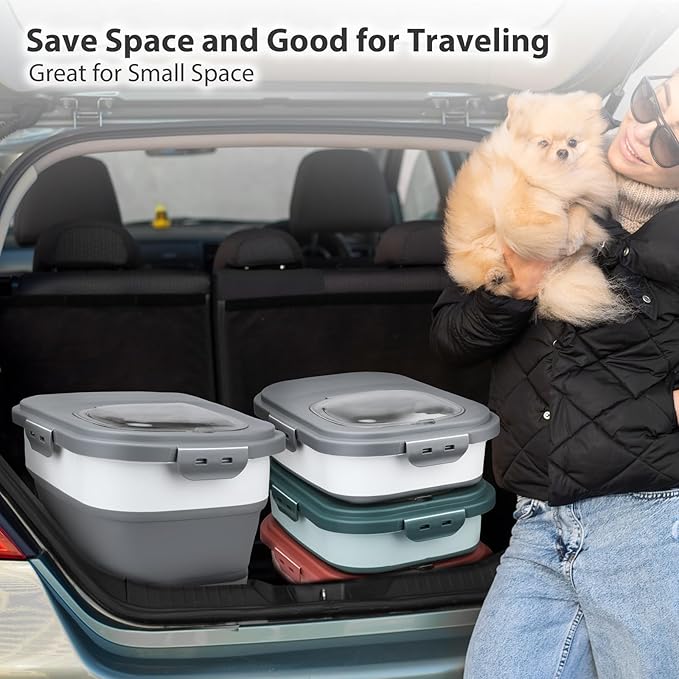 Dog Food Storage Container, 5-20Lbs Collapsible Pet Food Storage Containers with Rolling Wheel Airtight Locking Lid, Dry Food Storage Bin with Cup and Scoop,Suitable for Pet Food, Rice, Flour