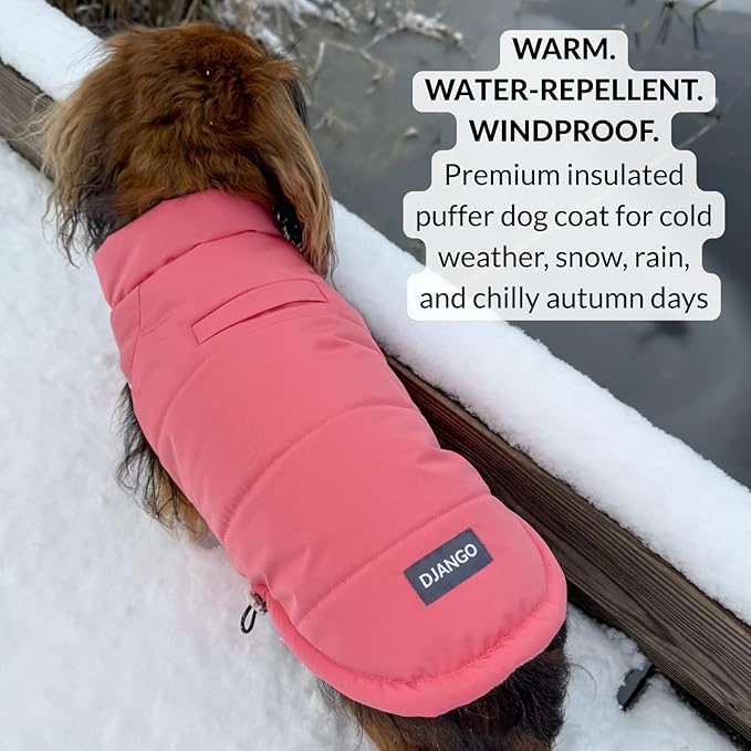 DJANGO Puffer Dog Coat – Warm Winter Dog Jacket & Water-Repellent Insulated Puffer Vest with Striped Lining, Harness Hole, Adjustable Fit for Small & Medium Dogs, Dachshunds – Rose Petal Pink, Large