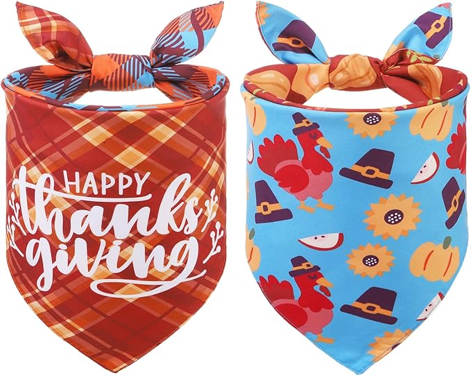 SCENEREAL Thanksgiving Dog Bandanas 2 Pack, Puppy Fall Orange Turkey Triangle Bibs Handkerchief, Reversible Holiday Dog Bandana for Boy and Girl, Premium Pet Scarf for Small Medium Large Dogs XL
