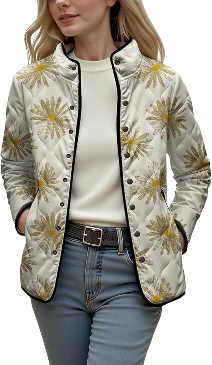 LIZALIG Women's Cropped Puffer Jacket Lightweight Floral Print Long Sleeve Padded Quilted Puffy Cardigan Coat