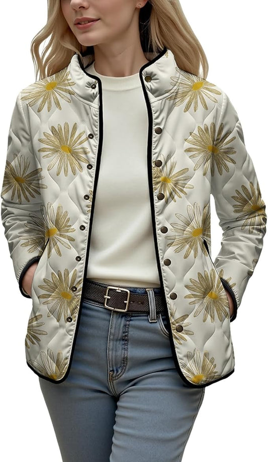 LIZALIG Women's Cropped Puffer Jacket Lightweight Floral Print Long Sleeve Padded Quilted Puffy Cardigan Coat