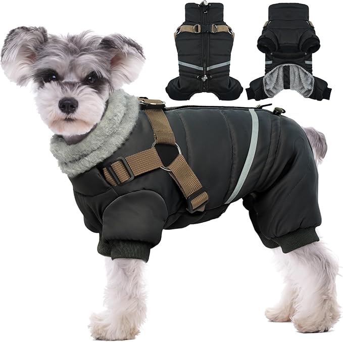 BRKURLEG Black Dog Coat with Harness, Dog Winter Jacket, Dogs Onesie Body Warm Jackets, Small Dogs Winter Coats Reflective Windproof Warm Cold Weather Coats, Pet Waterproof Jacket Hiking XL