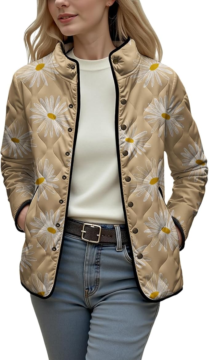 LIZALIG Women's Cropped Puffer Jacket Lightweight Floral Print Long Sleeve Padded Quilted Puffy Cardigan Coat
