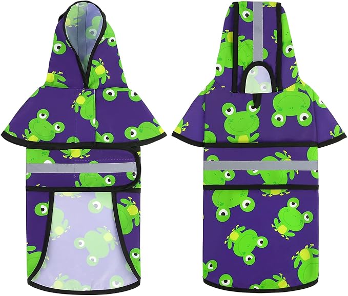 HDE Dog Raincoat Jacket Reflective Adjustable Hooded Pet Poncho Rain Coat with Leash Hole for Small to X-Large Dogs Frogs - M