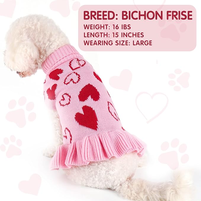 cyeollo Valentines Day Dog Sweater Dress Dog Clothes Pullover Turtleneck with Leash Hole Heart Pattern Holiday Theme Female Pet Apparel for Small Dogs