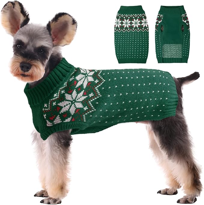 Kuoser Dog Sweater, Holiday Christmas Snowflake Pet Warm Knitwear Dog Sweaters Soft Puppy Clothing, Doggie Turtleneck Cold Weather Outfit Pullover for Small Medium Large Dogs Cats, Green 2XL