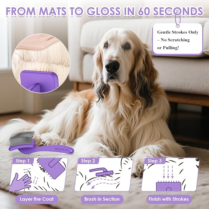 Large Dog Slicker Brush & Comb Set with Leather Sleeves - Long Pin Deshedding Brush for Golden Retrievers, Poodles, Doodles & Thick Coats, Wood Handle Pet Grooming Kit for Dogs, Cats. Purple