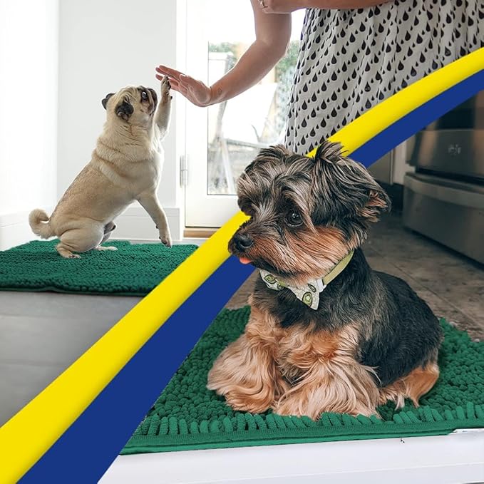 Muddy Mat® AS-SEEN-ON-TV Highly Absorbent Microfiber Dog Door Mat and Pet Rug, Non Slip Thick Washable Area and Bath Mat Soft Chenille for Kitchen Bathroom Bedroom and Indoor - Dark Green XL 59"X35"