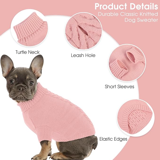Dog Sweaters for Small Dogs Classic Turtleneck Dog Christmas Sweater Thick Warm Pullover Female Puppy Pet Stretch Knitwear Fall Winter Clothes with Leash Hole(Pink, S)