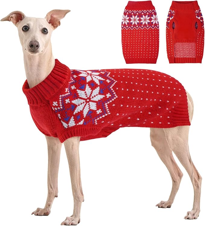 Kuoser Dog Sweater, Holiday Christmas Snowflake Pet Warm Knitwear Dog Sweaters Soft Puppy Clothing, Doggie Turtleneck Cold Weather Outfit Pullover for Small Medium Large Dogs Cats, Red XL