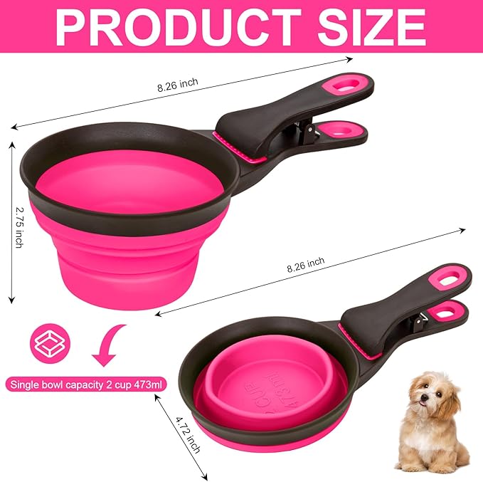 Collapsible Silicone Dog Food Scoop Foldable Pet Food Measuring Cup with Bag Clip 3 in 1 Multi-Function Silicone Dog Food Scooper (Rose Red, Medium)