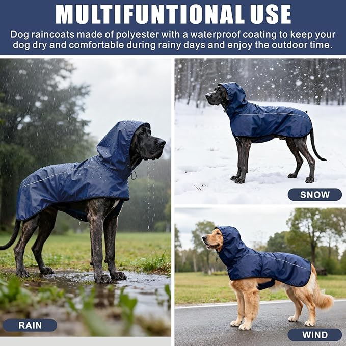 Mosucoirl Dog Raincoat Jacket Reflective Adjustable Hooded Pet Poncho Rain Coats with Leash Hole Waterproof Clothes for Small Medium Large Dogs (NavyBlue, M)