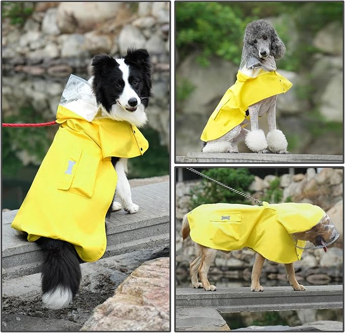 Dog Raincoat Waterproof, Adjustable Reflective Hooded Dog Rain Poncho with Leash Hole for Small Medium Large Dogs (Yellow, X-Large)