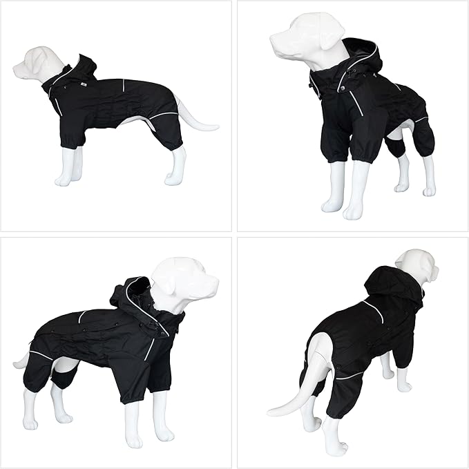 LOVELONGLONG Waterproof Dog Raincoat with Removable Hood – Outdoor Full Body Dog Jacket, Windproof Snowproof Shell Suit – All Season Pet Rain Gear Black L