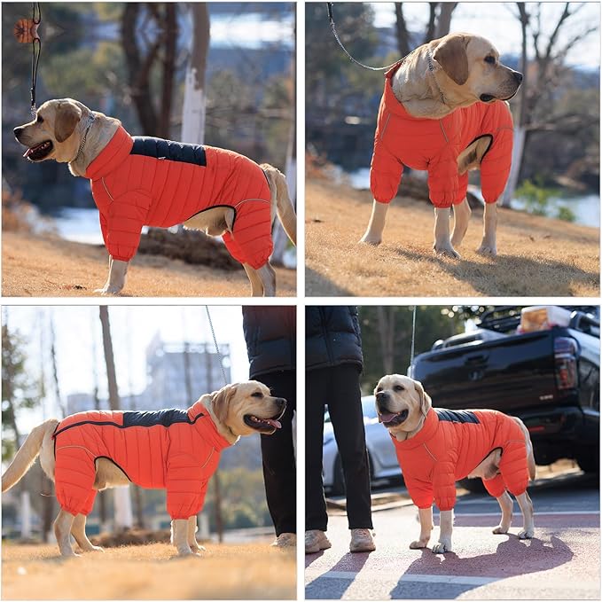 Orange S Warm Dog Vest, 4 Legs Covered Windproof Reflective Waterproof Outdoor Dog Snow Jacket - Zippered Adjustable Sizes for Small to Large Dogs