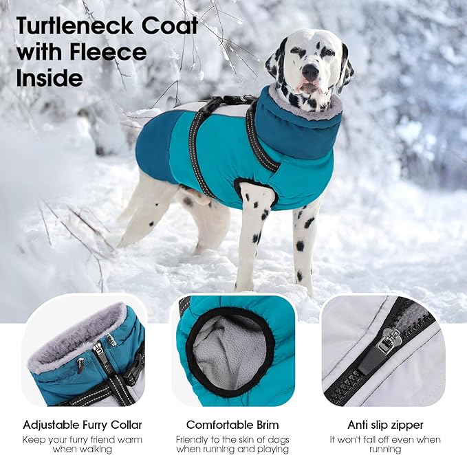 SUNFURA Dog Coat, Warm Dog Jacket with Harness Built in, Waterproof Pet Winter Coat Snowsuit with Zipper, Reflective Fleece Jacket for Extra Large Dogs, Weimaraner, Turquoise XXL