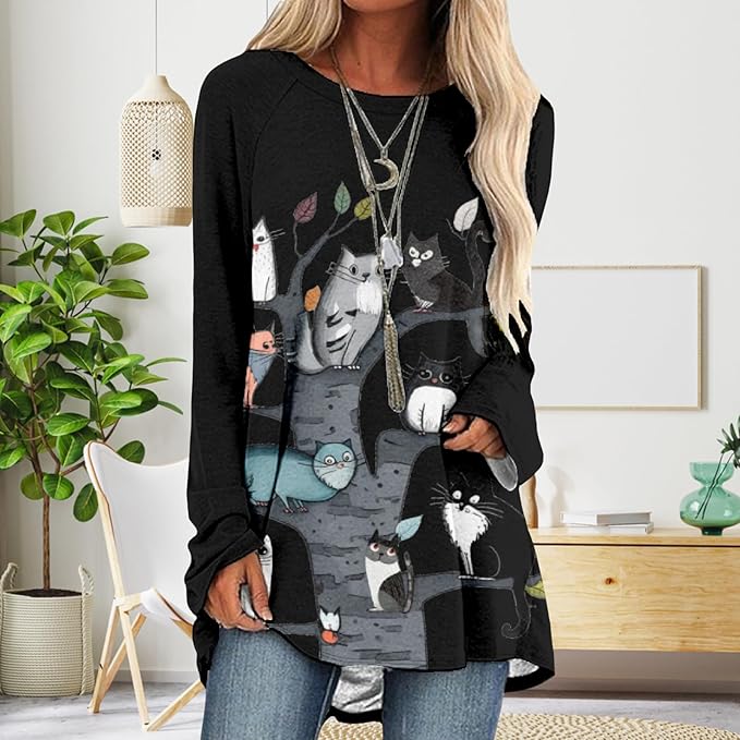 Womens Tunic Shirt Cute Cat Print Long Sleeve Round Neck Women T Shirts Cotton Casual Plus Size Vacation Tunics Tops