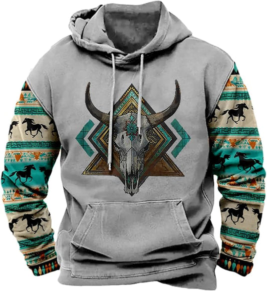 HOTYD Mens Western Aztec Sweatshirts Long Sleeve Fall Fashion Drawstring Pullover Vintage Graphic Cowboy Hoodie for Men