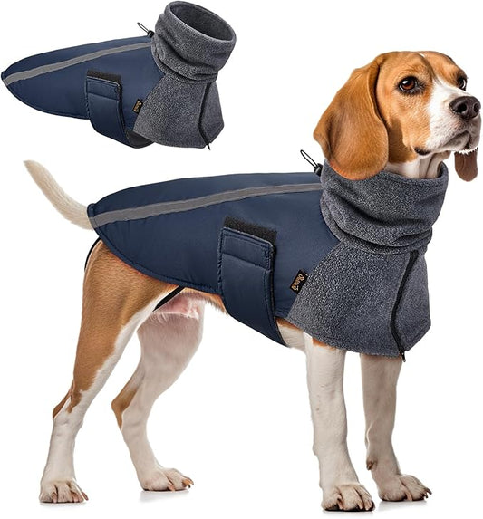 SlowTon Winter Dog Coat, Warm Polar Fleece Lining Doggie Outdoor Jacket with Turtleneck Scarf Reflective Stripe Adjustable Waterproof Windproof Puppy Vest Soft Pet Outfits (M+,Dark Blue)