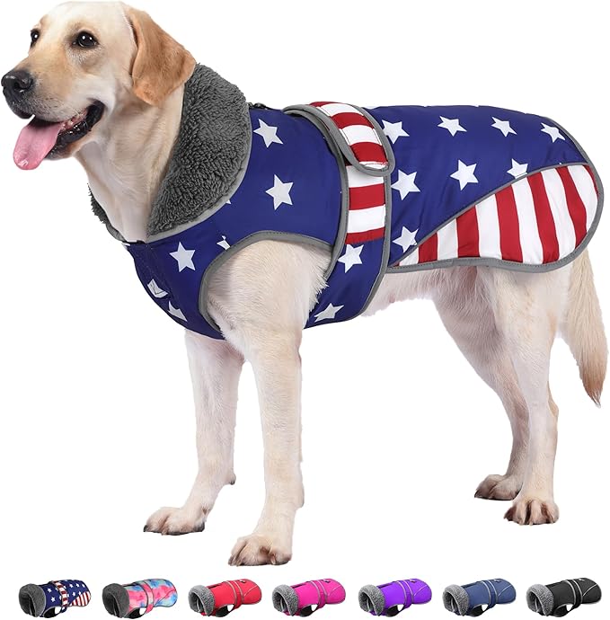 Dogcheer Dog Coat, American Flag Dog Jacket Waterproof Puppy Winter Coat for Cold Weather, Reflective Adjustable Pet Snow Jacket Fleece Sweater for Small Medium Large Dogs - USA Flag, XL