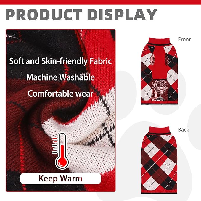KOOLTAIL Dog Sweater - Thick Warm Plaid Pullover Turtleneck Fleece Dog, Cat, Puppy Christmas Sweater with Leash Hole - Red - S, M, L