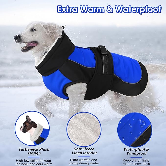 Dogcheer Waterproof Dog Coat, Christmas Dog Winter Jacket, Adjustable Puppy Fleece Coat for Cold Weather, Reflective Turtleneck Snow Jacket for Small Medium Large Dogs - Blue, 2XL