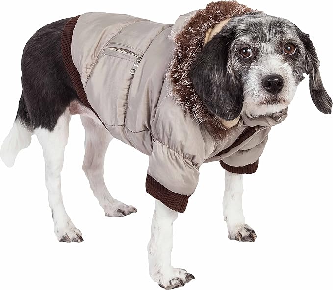 Pet Life Classic Metallic Winter Dog Coat with Zippered Removable Fur Hood - Dog Jacket Features 3M Thinsulate Insulation Warming Technology - Dog Clothes Sizing fits Small, Medium and Large Dogs Grey