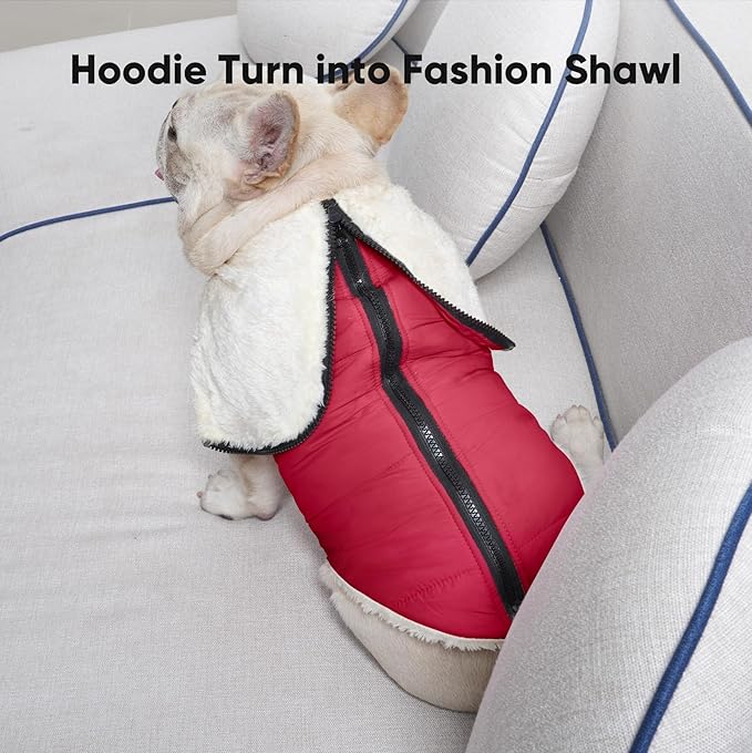 Fleece Lining Dog Hoodie with Harness Built in,Extra Warm Medium Dog Jacket in Winter Doggie Coats with Hooded,Red XL
