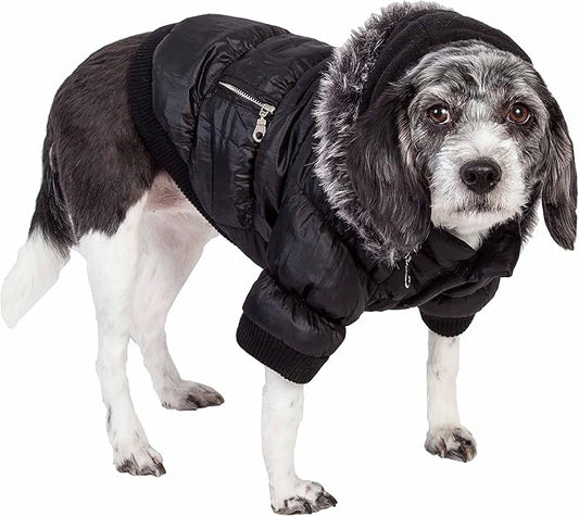 Pet Life Classic Metallic Winter Dog Coat with Zippered Removable Fur Hood - Dog Jacket Features 3M Thinsulate Insulation Warming Technology - Dog Clothes Sizing fits Small, Medium and Large Dogs,Black