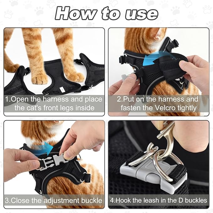 Kitten Cat Harness and Leash Set, Escape Proof Soft 4-Adjustable Cat Walking Vest Harness, Reflective Strips in Harness for Kitty Puppy Bunny Car Travel, with Car Seatbelt Leash (Black, M)