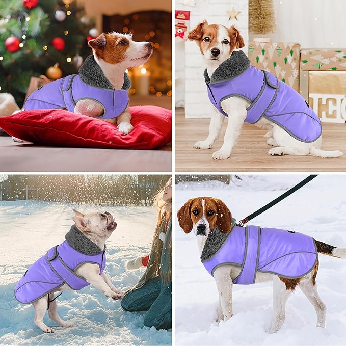 Dogcheer Dog Coat, Waterproof Dog Jacket Reflective Pet Winter Coat with Adjustable Hook & Loop, Christmas Puppy Fleece Jacket Warm Turtleneck Snowsuit for Small Medium Large Dogs - Taro Purple, XL