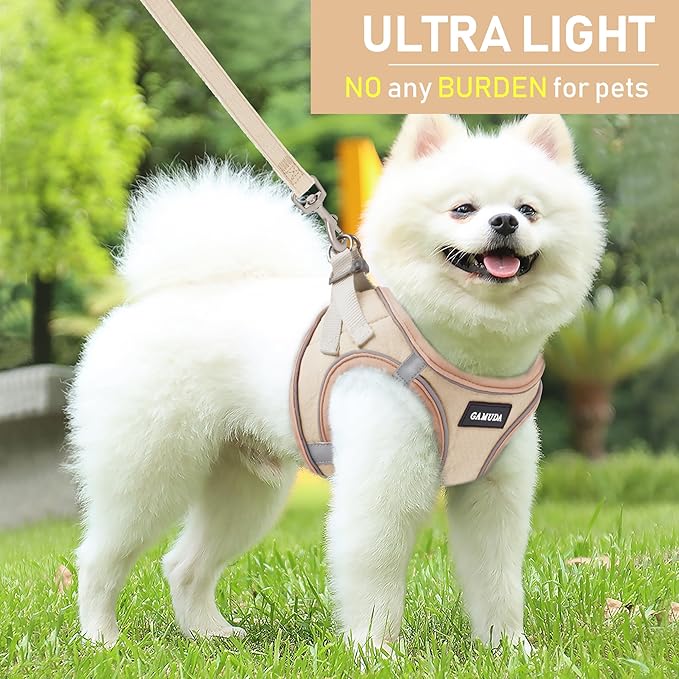 GAMUDA Small Pet Harness Collar and Leash Set, Step in No Chock No Pull Linen Fabric Soft Mesh Dog Vest Harnesses Reflective for Dogs Puppy Cats Kitten Rabbit (Khaki, XXS)