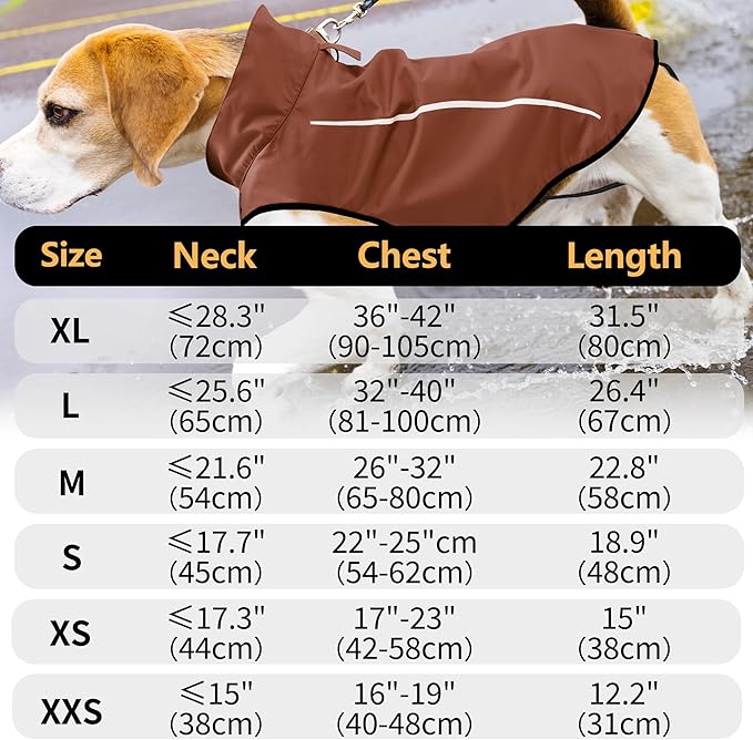 Mile High Life Dog Raincoat, Adjustable Waterproof Reflective Rain Jacket for Small Medium Large Dogs, Lightweight Breathable Pet Rain Coat with Leash Hole(Brown,L Chest 32-40")