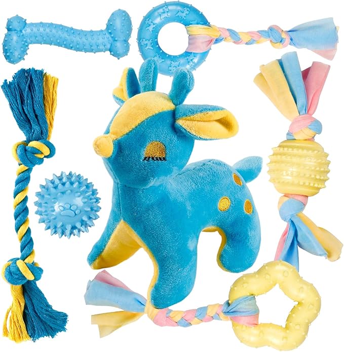 Toozey Puppy Teething Chew Toys - 7 Pack for Small Dogs, Cute Deer Plush Squeaky Toy, Durable TPR Chew Toy, 100% Natural Cotton Rope Toy, Non-Toxic and Safe